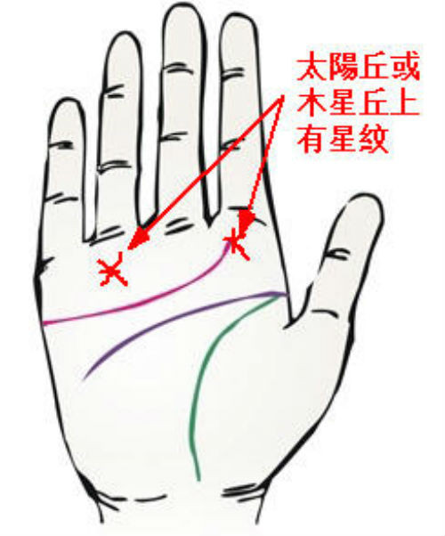 Ngôi sao xuất hiện trên gò Thái Dương (phía dưới ngón đeo nhẫn) cho thấy chủ nhân là người có tài năng đặc biệt. Những người này dễ có được thành công cả về danh tiếng và tiền bạc.