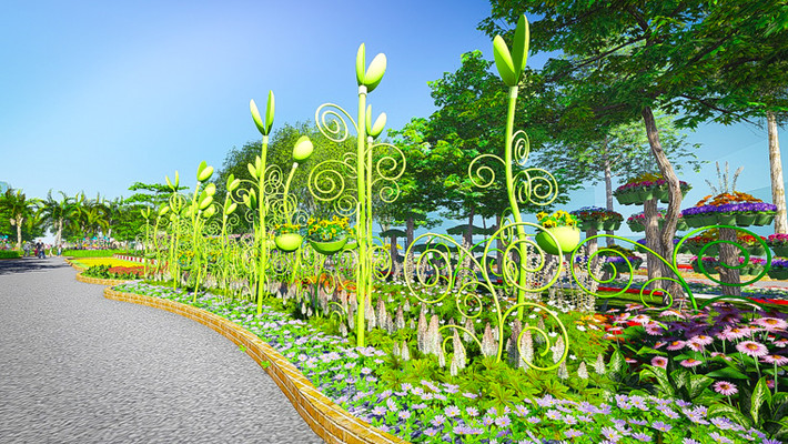 Đường hoa Tết Ất Mùi 2015 ngoài cảnh quan bằng chất liệu gỗ, đá còn được BTC sử dụng các chất liệu tái chế, rẻ tiền trong việc xây dựng từ đại cảnh đến tiểu cảnh vừa đảm bảo mỹ quan vừa hướng tới sự phát triển bền vững, hài hòa với thiên nhiên.