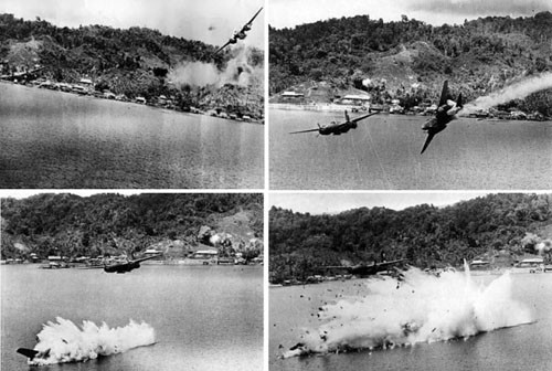 Một chiếc Douglas A-20G-25 Havoc của Không quân Mỹ trong trình tự rơi sau khi trúng đạn trong cuộc tấn công vào Kokas, Papua New Guinea ngày 22/7/1944. 12 chiếc A-20 của Phi đội ném bom 387 đã tấn công sà lan và trạm thủy phi cơ Nhật tại Kokas. Các bức ảnh cho thấy máy bay trúng hỏa lực phòng không và rơi xuống vịnh rồi phát nổ khi ra tới biển.