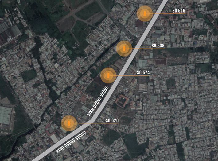 Vị trí 4 khu đất công ỏ Sài Gòn trên hơn 1 km đường Kinh Dương Vương, quận Bình Tân, TP.HCM. Đồ họa: Như Ý. Vũ Anh