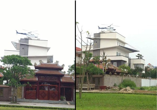 Được biết,chủ nhân của toà biệt thự có trực thăng đậu trên nóc này là một đại gia buôn gỗ tên Thành. Hiện, quần thể biệt thự của vị đại gia có nhiều hạng mục bằng gỗ đang trong quá trình hoàn thiện. Ảnh: Kiến thức.