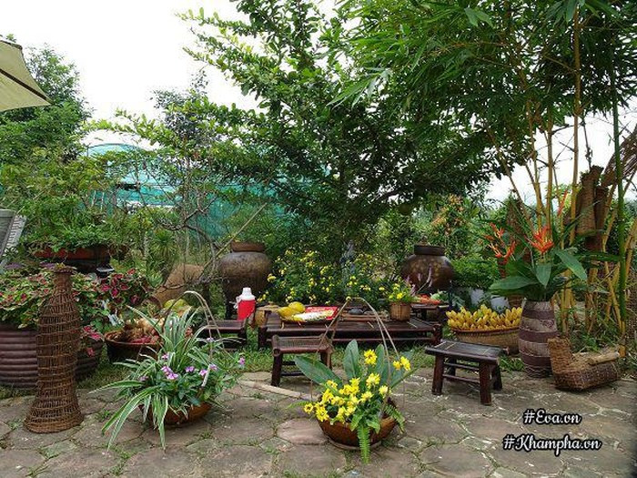 Nhà vườn của "lão nông tri điền" chính hiệuNgôi nhà vườn vợ chồng chị Nguyễn Hằng cách Hà Nội hơn 30km, nằm ở điểm đầu của chân dãy núi Ba Vì, Quốc Oai quanh năm khí hậu trong lành. Ảnh: Khám phá.