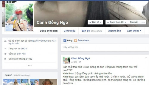 5. Giám đốc Công an Đồng Nai bị "tố" trên facebookNgày 1/12, trên tài khoản facebook “Cánh Đồng Ngô” đăng tải 1 bài viết kèm ảnh chân dung của Đại tá Huỳnh Tiến Mạnh, Giám đốc Công an tỉnh Đồng Nai với những nội dung mang tính chất tố cáo. huyện CSGT Đồng Nai lập biên bản vi phạm khống trong quá trình xử lý vi phạm hành chính, bảo kê xe tải, chung chi hàng tháng và mức “thu nhập... khủng” của cán bộ CSGT nói chung và cá nhân ông Mạnh lúc làm việc trong lực lượng CSGT nói riêng. Liên quan đến nội dung này, ông Mạnh cho hay: “Cái đó là trang mạng xã hội họ muốn đưa thì đưa. Chuyện trang mạng xã hội thì tôi đâu có quan tâm, tôi còn nhiều công việc”.