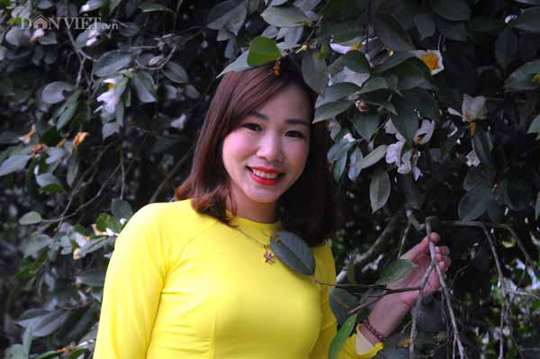 Thiếu nữ mặc áo dài e ấp bên những bông hoa sở tinh khiết.