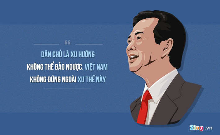 Thủ tướng Nguyễn Tấn Dũng trao đổi với các học giả Đức về các thách thức mà VN đang phải đối mặt, trong cuộc trò chuyện tại Viện Koerber (Berlin, CHLB Đức) ngày 15/10/2014. “Chúng tôi tin rằng nhân quyền, tự do, dân chủ là xu hướng không thể đảo ngược và là đòi hỏi khách quan của xã hội loài người. Việt Nam không phải ngoại lệ, không đứng ngoài xu thế này", Thủ tướng nói.