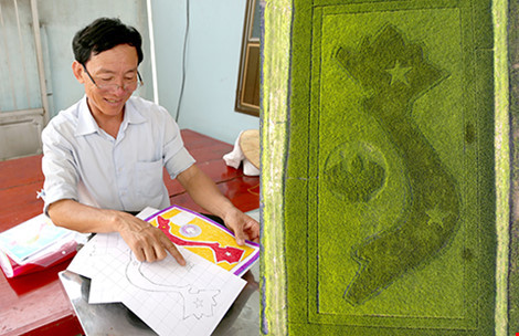 Bản đồ Việt Nam trên cánh đồng lúa của người nông dân Hòa. Ông Hòa cho biết đã chọn màu đỏ cho phần đất liền và hai quần đảo Hoàng Sa và Trường Sa vì tôi nghĩ Hoàng Sa, Trường Sa là máu của máu Việt Nam, thịt của thịt Việt Nam, không thể tách rời, không thể chia cắt”
