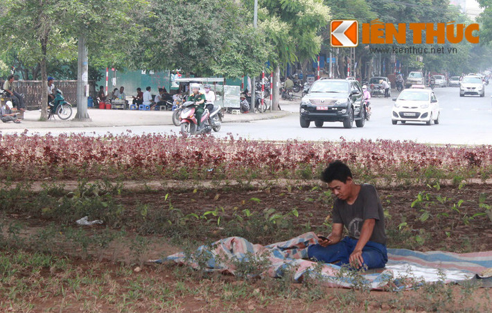 Một người làm thuê khác cũng tranh thủ trải bạt nằm nghỉ.