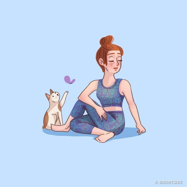 Tư thế ngồi xoắn Ngồi xuống với hai chân thẳng. Sau đó, gập đầu gối của bạn và đặt chân trái của lên trên chân phải, đặt nó ở phía bên ngoài của hông phải. Di chuyển bàn chân phải gần với mông bên phải của bạn. Đặt khuỷu tay phải lên đầu gối chân trái và xoay người về phía bên trái. Giữ tư thế này trong 30 giây và làm tương tự cho phía bên kia.