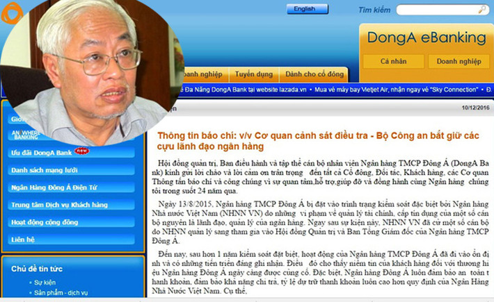 Tối 10/12, Ngân hàng Đông Á (DongA Bank) chính thức thông tin trên website về thông tin ông Trần Phương Bình - nguyên Tổng giám đốc DongA Bank - bị bắt. Theo Ngân hàng Đông Á, Cơ quan CSĐT (C46, BCA) đã tiến hành khởi tố vụ án, khởi tố bị can đối với một số cán bộ nguyên là lãnh đạo của DongA Bank do vi phạm các quy định của pháp luật trong hoạt động tiền tệ ngân hàng. Ngoài ông Bình, bà Nguyễn Thị Ngọc Vân, nguyên Phó tổng giám đốc DongA Bank và 3 nhân viên có liên quan cũng bị C46 bắt giữ.