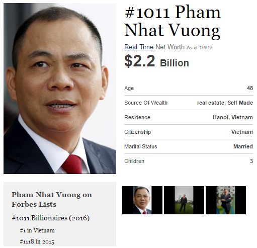 Trước đó vào năm 2010, ông là người giàu nhất trên TTCK Việt Nam với số tài sản gần 15.800 tỷ đồng, giàu thứ nhì Việt Nam (theo xếp hạng trên sàn chứng khoán) năm 2007, 2008. Ông đạt được vị trí này vào năm 2007, khi Công ty Vinpearl - thuộc nhóm các công ty của Vincom - niêm yết 100 triệu cổ phiếu trên sàn giao dịch chứng khoán TP Hồ Chí Minh. Ảnh: vietnamfinance.vn.