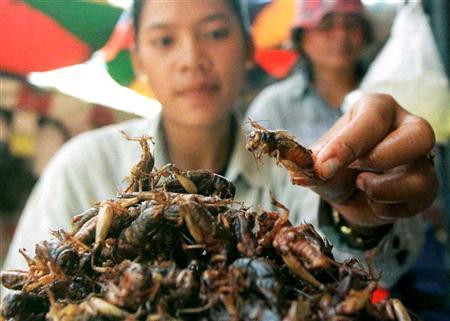 Du khách có thể bắt gặp những hàng bán dế chiên ở hầu khắp đường phố Phnom Penh. Để món ăn dậy mùi, dế được ướp với nhiều gia vị khác nhau trước khi chiên trong dầu nóng. Ảnh: Reuters.