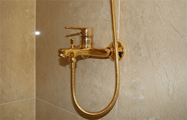 Cả cụm vòi hoa sen và dây đều được mạ thêm một lớp vàng. Ảnh: Zing.