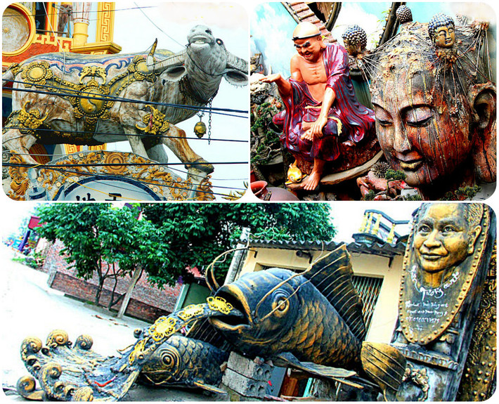 Hàng loạt tượng kỳ dị như trâu đồng, cá chép vàng, tượng nữ thần... trước cổng. Ảnh: Bảo Ngọc.