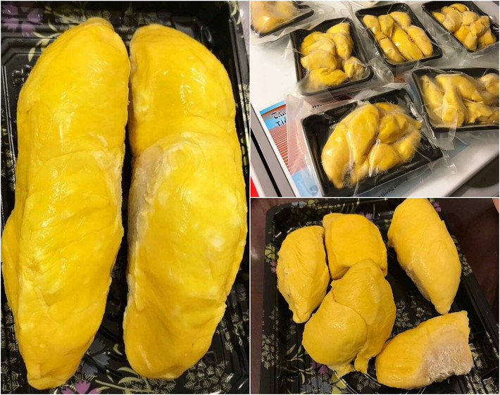 Để sầu riêng không bị dập nát hay mất mùi, sản phẩm đắt đỏ này được tách múi, để đông lạnh, đóng thành từng khay với trọng lượng 430-500 gram rồi hút chân không. Giá mỗi khay dao động 600.000-750.000 đồng.