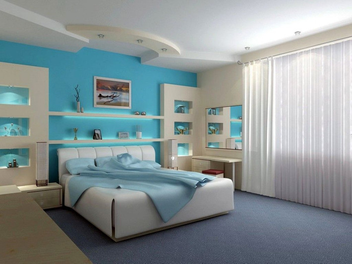 Với cung Nhân Mã, có thể kết hợp đa dạng giữa màu sắc và hình khối khi trang trí giường ngủ. Màu xanh nước biển tượng trưng cho sự sống động sẽ phù hợp với tính cách muốn khám phá của chủ nhân. Ảnh: Austin Elite Home Design. (Bài viết chỉ mang tính chất tham khảo, cung cấp nội dung mang tính trắc nghiệm vui cho bạn đọc).