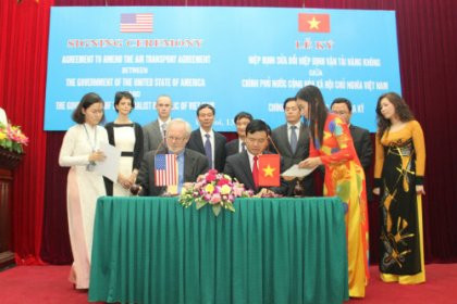 8. Ký chính thức Hiệp định Hàng không Việt Nam - Hoa Kỳ Ngày 4/12/2003 tại Washington (0h ngày 5/12/2003 theo giờ Hà Nội), Bộ trưởng Giao thông Vận tải Đào Đình Bình và Bộ trưởng Giao thông Vận tải Hoa Kỳ Norman Mineta đã thay mặt Chính phủ hai nước ký chính thức Hiệp định Hàng không VN - Hoa Kỳ. Được sự ủy quyền của Chính phủ nước CHXHCN Việt Nam, ngày 13/12, Bộ trưởng Bộ GTVT Đinh La Thăng đã ký với Đại sứ Hoa Kỳ tại Việt Nam Hiệp định sửa đổi Hiệp định vận tải hàng không Việt Nam - Hoa Kỳ.