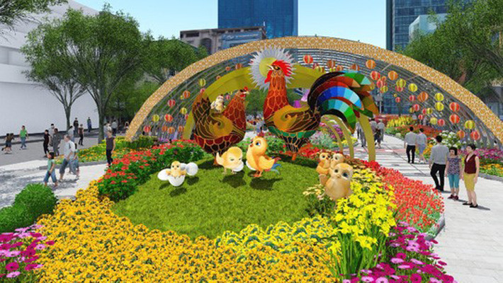 Đường hoa được bắt đầu từ phân đoạn “Mùa xuân trên Thành phố mang tên Bác” (giao lộ Lê Lợi - Nguyễn Huệ) là cổng Đường hoa với đại cảnh “Xuân sum họp” khắc họa hình ảnh gia đình gà đầm ấm, sung túc, sum vầy.
