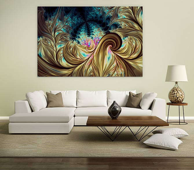 Nếu sau lưng sofa không có tường, bạn có thể đặt một cái kệ, chiếc tủ hay một tấm bình phong. Ảnh: Wall Art Prints.