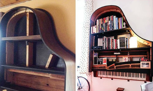 Chiếc đàn piano cũ thành giá sách gọn gàng.