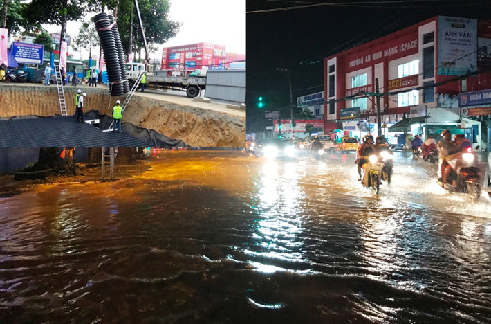 Hồ điều tiết chống ngập thông minh do Công ty Sekisui (Nhật Bản) và một đối tác Việt Nam đã thi công lắp đặt vào đầu tháng 8 vừa qua (ảnh nhỏ). Thế nhưng trong cơn mưa tối 18/9, tình trạng ngập nặng vẫn tái diễn.