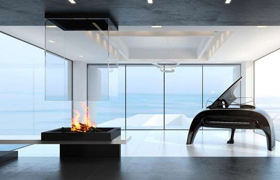 Lò sưởi hiện đại được làm từ kính chịu lực và đá granite đen 20.000 USD chỉ dành cho tỷ phú.