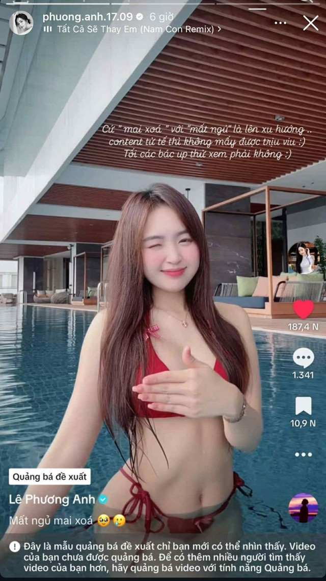 Theo đó, trong một buổi tối mất ngủ, hot girl Lê Phương Anh đã đăng tải một video ngắn lên TikTok, trong đó cô nàng diện trang phục bikini nóng bỏng, gợi cảm, thực hiện những động tác vũ đạo quyến rũ. Kèm theo đó là dòng chú thích: "Mất ngủ, mai xóa".