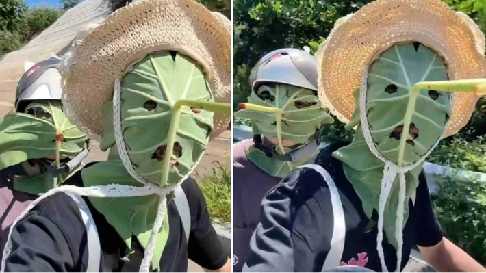 Để giữ cho khẩu trang không bị rơi, mọi người thường quấn chúng cố định bằng mũ lưỡi trai hoặc mũ bảo hiểm có dây rút. Chiếc mặt nạ độc đáo này khiến họ trở nên nổi bật khi tham gia giao thông.