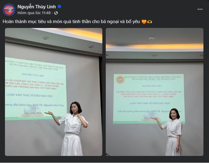 Hình ảnh Thùy Linh diện trang phục trắng thanh lịch, rạng rỡ trình bày luận văn khiến người hâm mộ không khỏi tự hào, minh chứng cho nỗ lực học tập nghiêm túc song song với sự nghiệp thể thao.