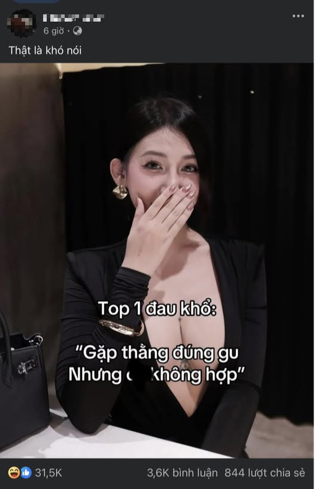 Bức ảnh gợi cảm của Vy Vy trong bộ váy đen xẻ sâu, kèm dòng chữ "Top 1 đau khổ: Gặp đúng gu nhưng không hợp" nhanh chóng lan truyền chóng mặt.
