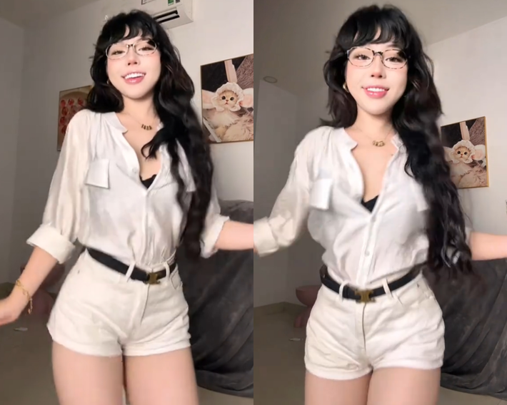 Ánh mắt lúng liếng, nụ cười tươi tắn cùng động tác mở cúc áo khéo léo để lộ xương quai xanh khoe vòng một lấp ló, tất cả đều diễn ra chớp nhoáng nhưng đủ để "đốt mắt" người xem của Bảo Khuyên.