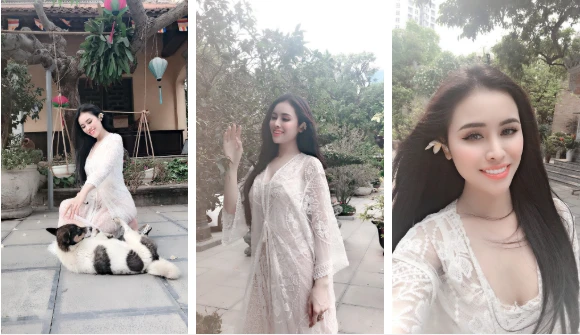 Á hậu Thư Dung lại khiến CĐM "nhức mắt" khi diện đồ ren xuyên thấu đi chùa