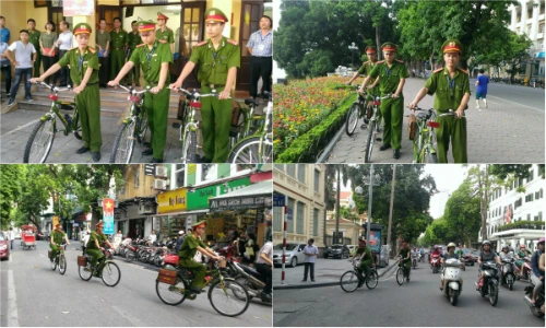 Ảnh công an Hà Nội tuần tra bằng xe đạp