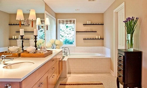 Phòng tắm sang trọng, đẹp hút mắt với kệ gỗ đơn giản