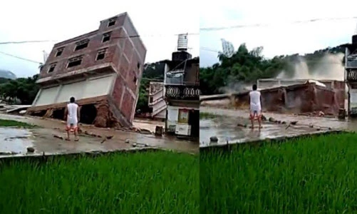 Kinh hoàng mưa lớn khiến nhà 3 tầng sập trong vài giây