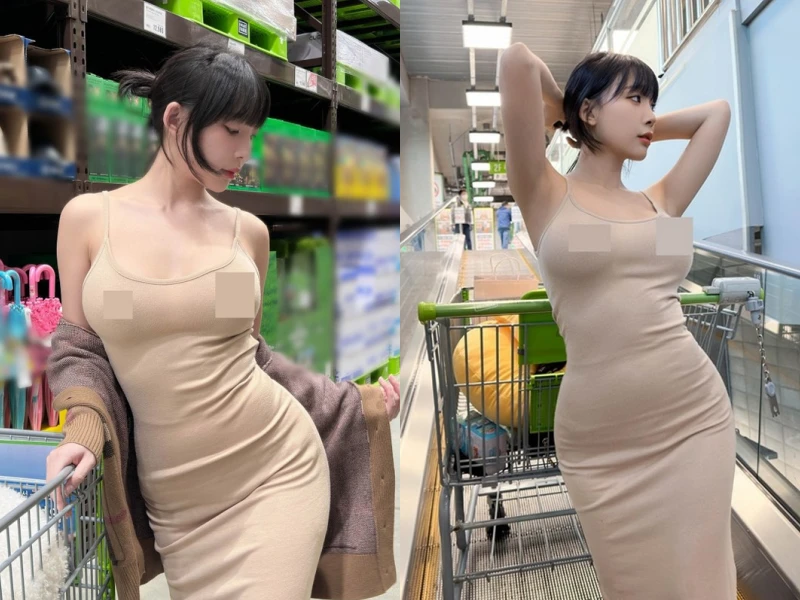 Hot girl Hàn Quốc "thả rông" vòng 1 khi đi siêu thị