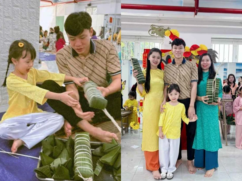 Quế Ngọc Hải cùng con gái gói bánh tét sum vầy ngày Tết