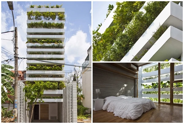 Nhà ống có mặt tiền bồn cây xếp chồng độc lạ ở Sài Gòn