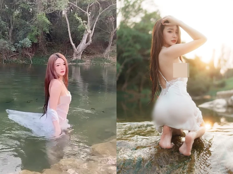Xuất hiện "nữ thần tắm suối" gây chú ý với trang phục mỏng tang