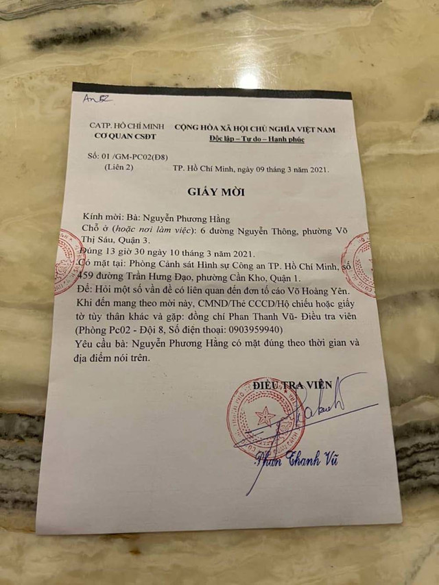 Công an mời vợ đại gia Dũng "lò vôi" làm việc liên quan đến tố cáo Võ Hoàng Yên - Hình 2 Cong an moi vo dai gia Dung
