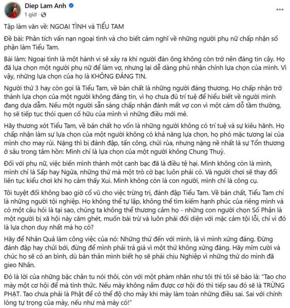 Diệp Lâm Anh nhắc đến chuyện ngoại tình, "tiểu tam" Diep Lam Anh nhac den chuyen ngoai tinh,