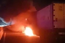 Xe đông lạnh bốc cháy ngùn ngụt trên cao tốc Vĩnh Hảo – Phan Thiết