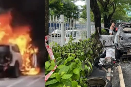 Ô tô bốc cháy trong khuôn viên chung cư Hoàng Anh River View