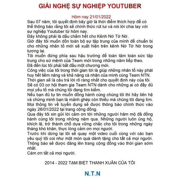 NTN Vlogs lại tuyên bố 'giải nghệ' sau 7 năm làm YouTuber - Hình 3 NTN Vlogs lai tuyen bo 'giai nghe' sau 7 nam lam YouTuber-Hinh-3