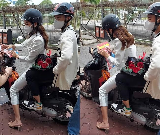 Chạy show xe máy, Thùy Tiên chở trợ lý ngồi sau Chay show xe may, Thuy Tien cho tro ly ngoi sau