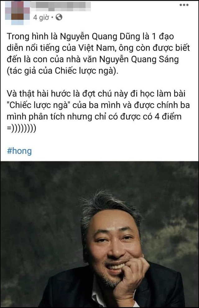 Nguyễn Quang Dũng nhận điểm 4 khi phân tích tác phẩm văn học của bố? Nguyen Quang Dung nhan diem 4 khi phan tich tac pham van hoc cua bo?