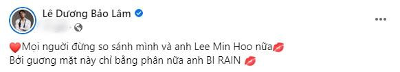 Sau Lee Min Ho, Lê Dương Bảo Lâm tự so sánh với Bi Rain Sau Lee Min Ho, Le Duong Bao Lam tu so sanh voi Bi Rain
