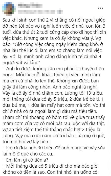 Than thở vợ tiêu gì hết 5 triệu/tháng, chồng bị "chửi sấp mặt' Than tho vo tieu gi het 5 trieu/thang, chong bi