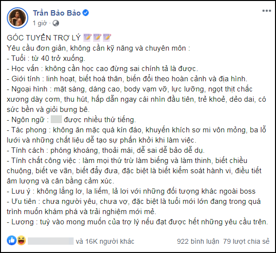BB Trần tuyển trợ lý, tiêu chí như chọn diễn viên phim cấp ba BB Tran tuyen tro ly, tieu chi nhu chon dien vien phim cap ba