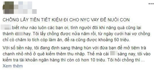 Chồng lén rút tiền tiết kiệm chung để giúp người yêu cũ sinh nở Chong len rut tien tiet kiem chung de giup nguoi yeu cu sinh no