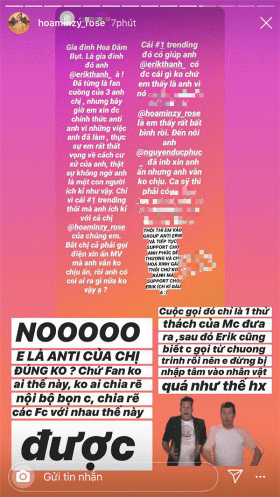 Hoà Minzy có phản ứng gì khi Erik bị antifan chỉ trích Hoa Minzy co phan ung gi khi Erik bi antifan chi trich